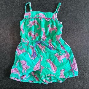 Mini Boden 100% Cotton Girls 4/5 Y Toddler Green & Pink Leopard Print Romper